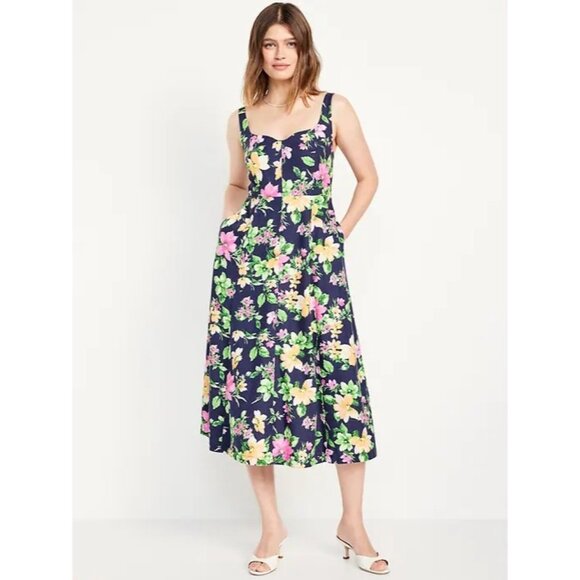 Old Navy Floral Fit and Flare Midi Dress Size Medium Sleeveless Linen Blend NEW - Picture 1 of 13
